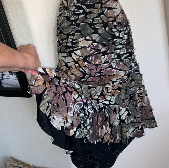 ANTHRO IDOM skirt, camo print, hi-lo, fabric scraps on a black background. S EUC - Picture 5 of 7